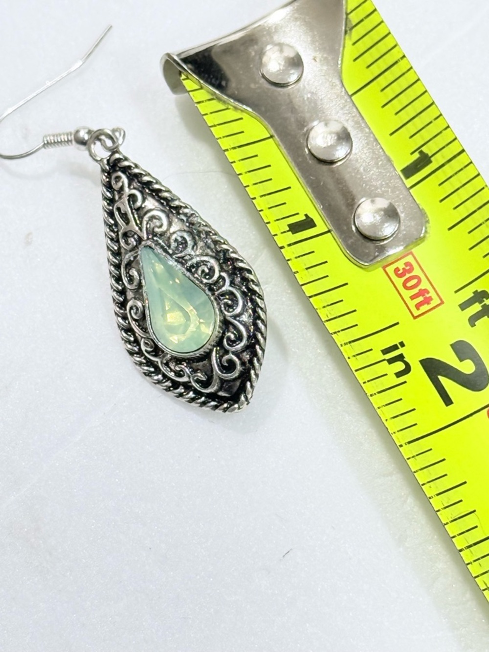 Prehnite Teardrop Silver Tone Filigree Boho Dangle Earrings Jewelry NWT - Picture 4 of 6